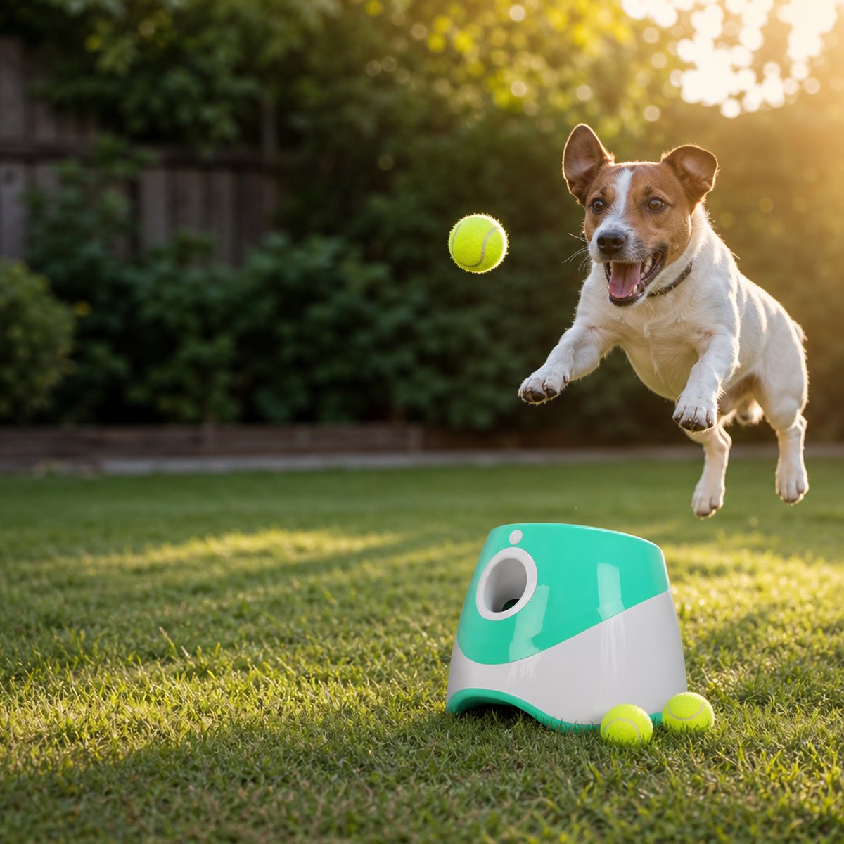 A Jack Russell leaping for a ball the launcher threw in the backyard