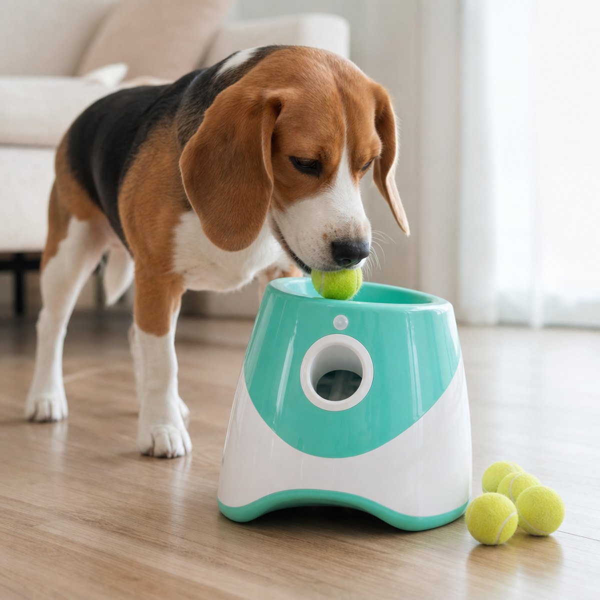 A beagle dropping a ball into the top of the launcher