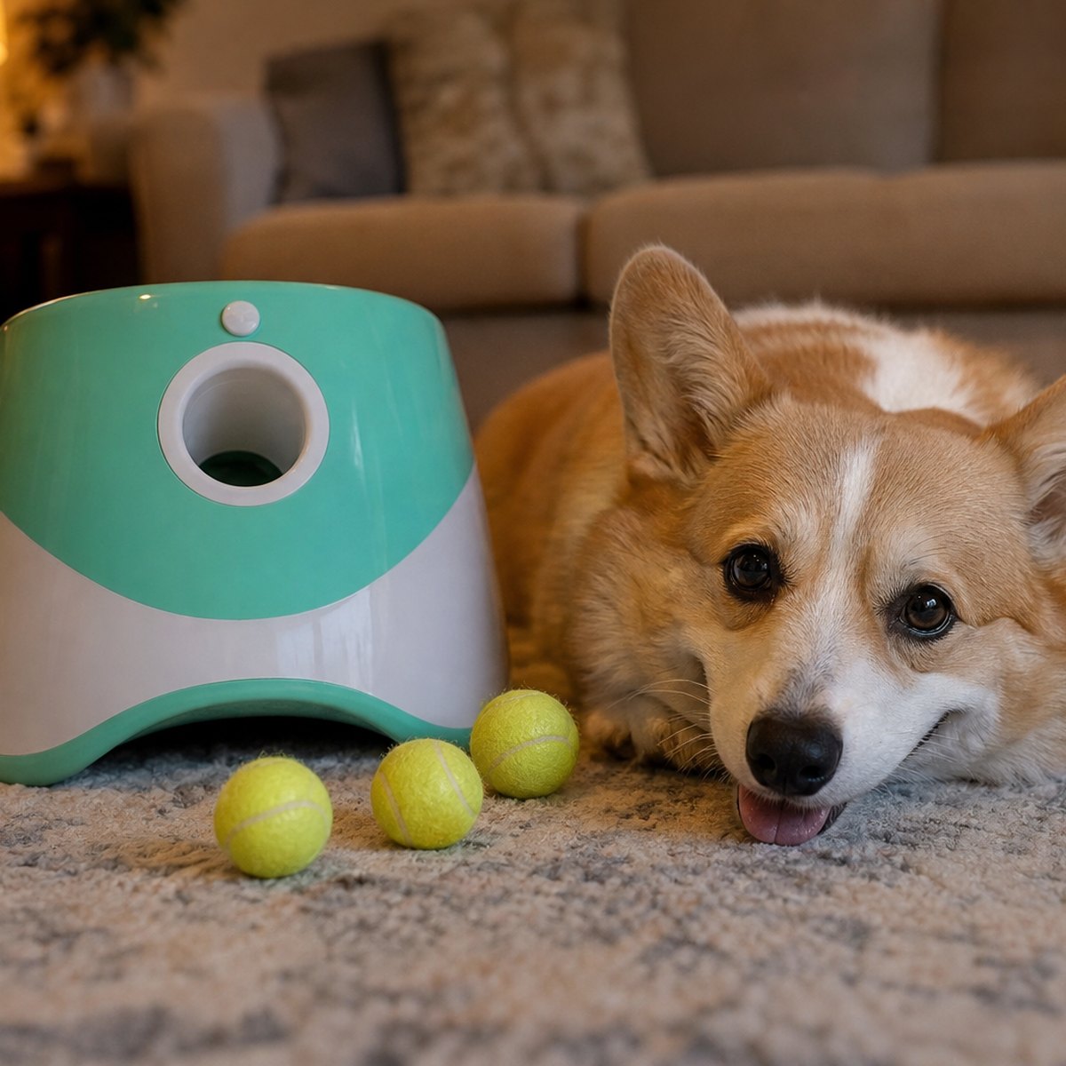 A tired, happy corgi resting next to the launcher