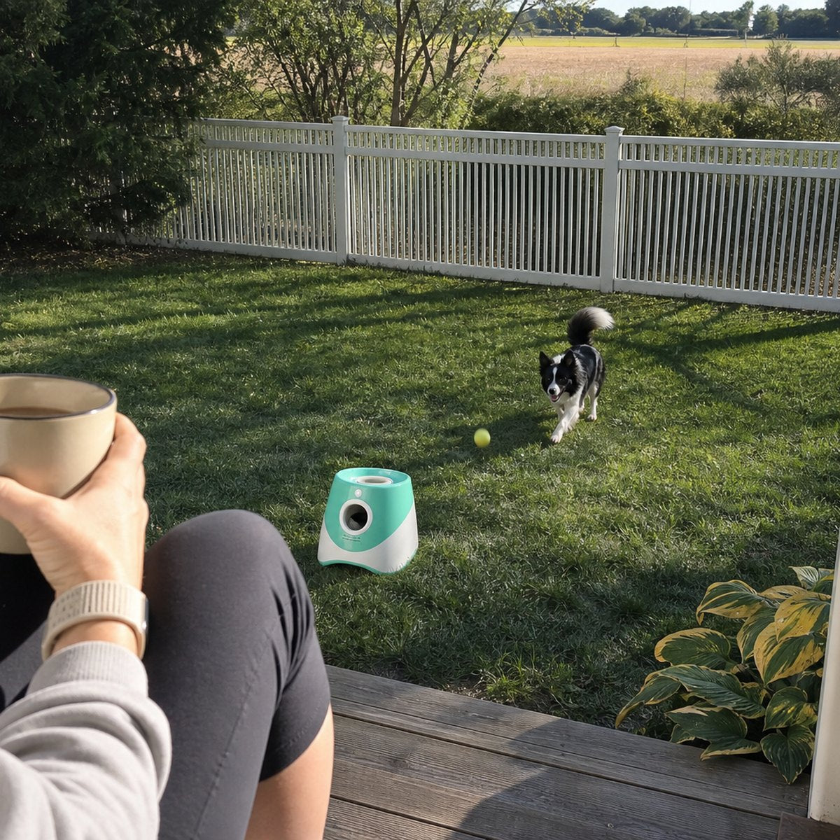 Coffee on the porch while the launcher plays fetch in the yard