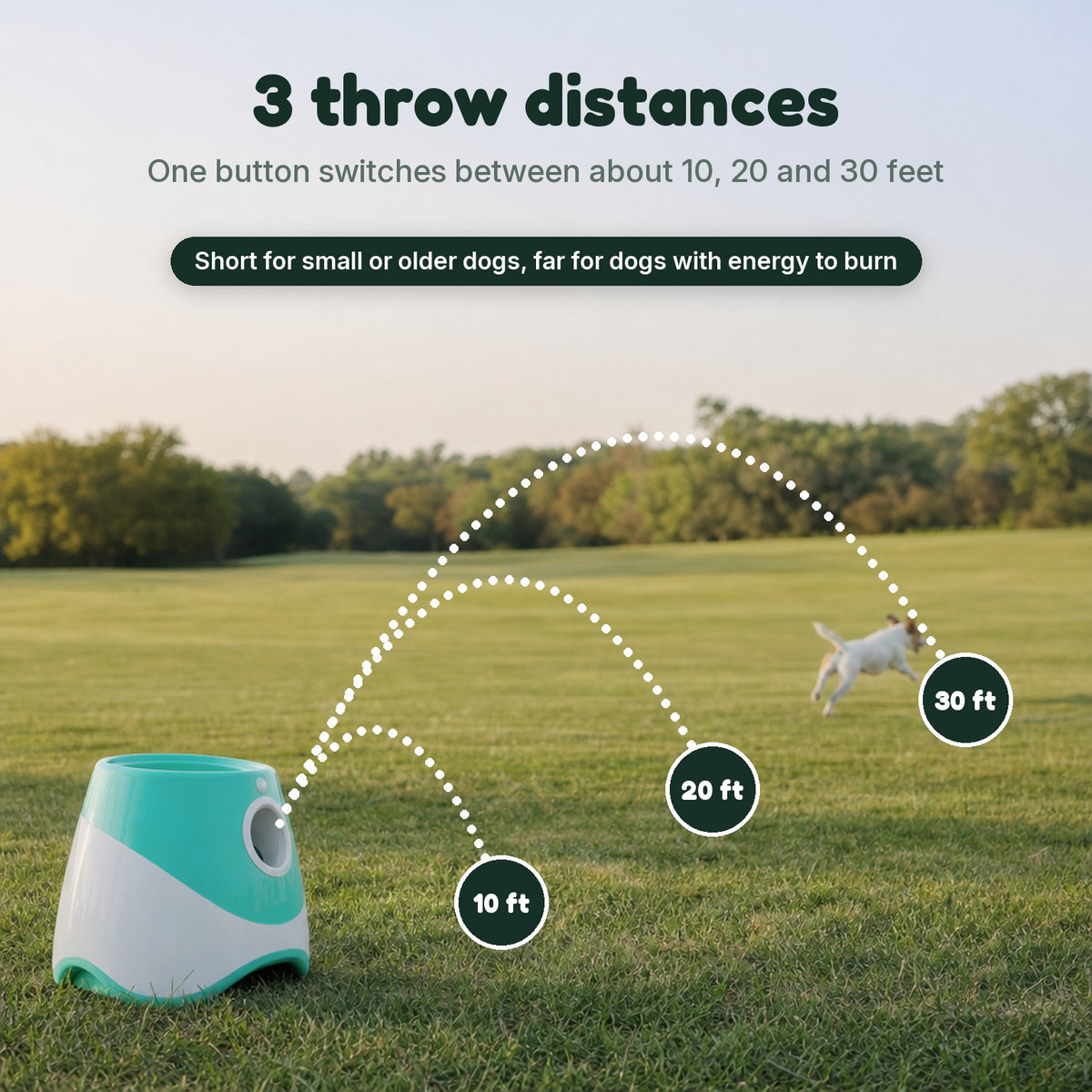 3 throw distances: about 10, 20 or 30 feet, one button