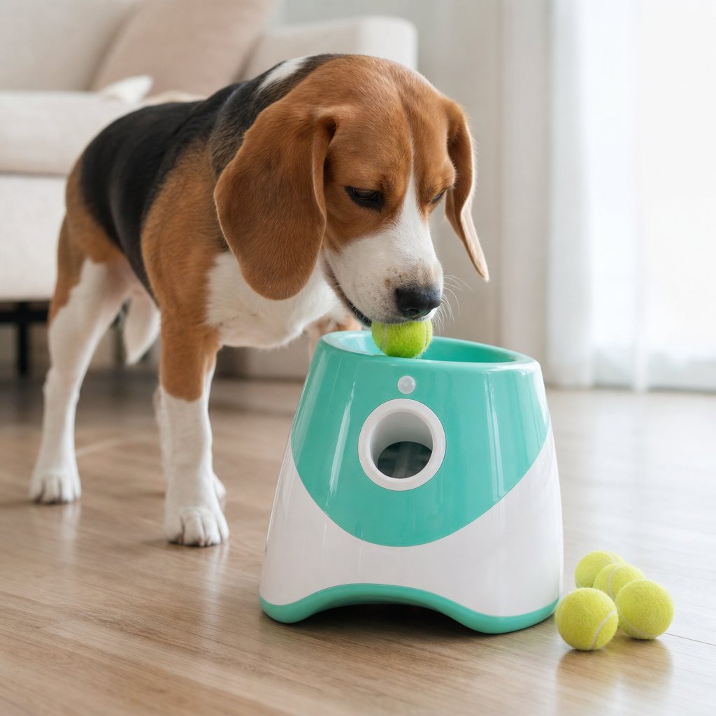 A beagle dropping a ball into the top of the launcher