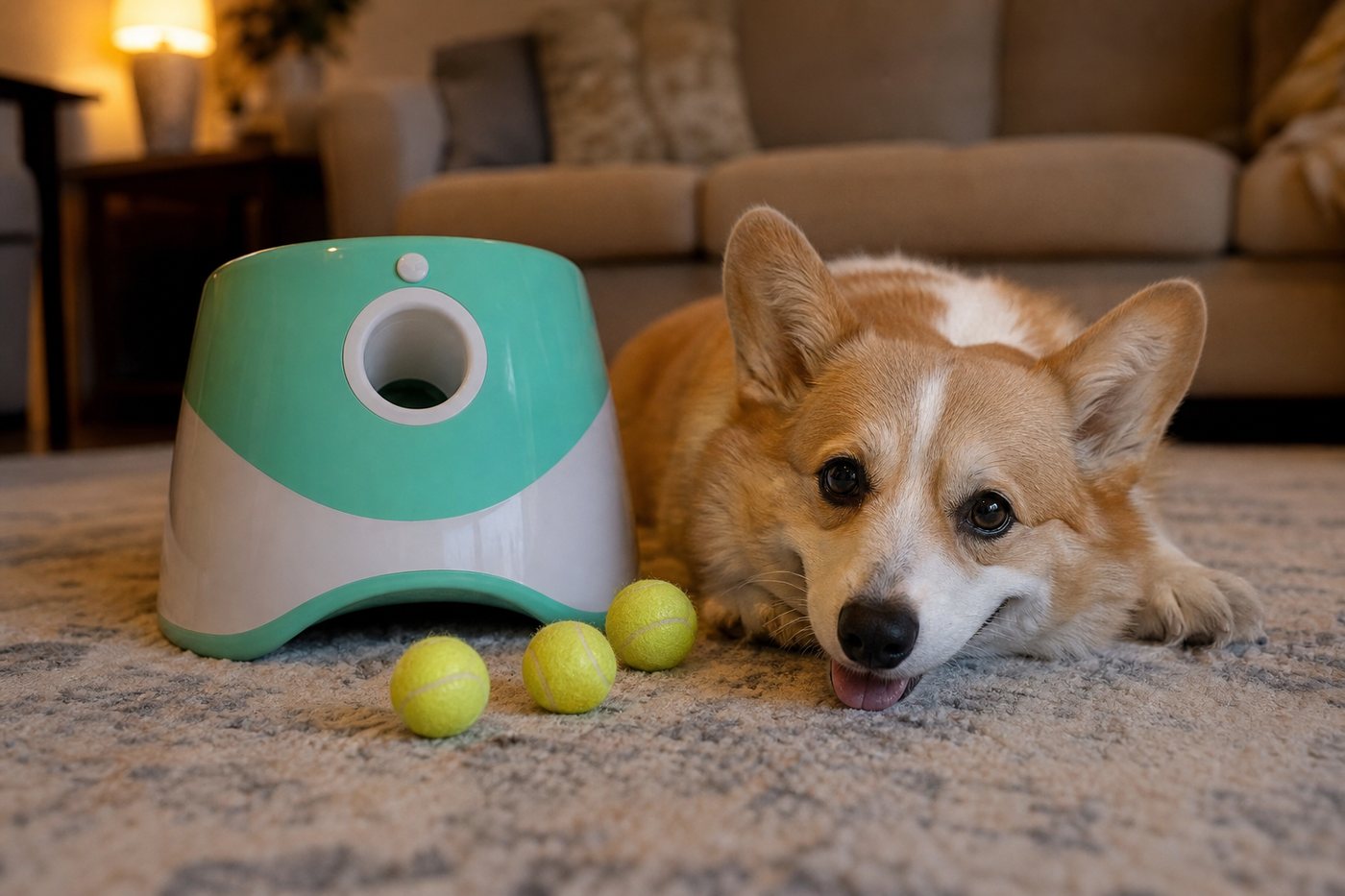 A corgi resting on a rug next to the launcher and a few balls